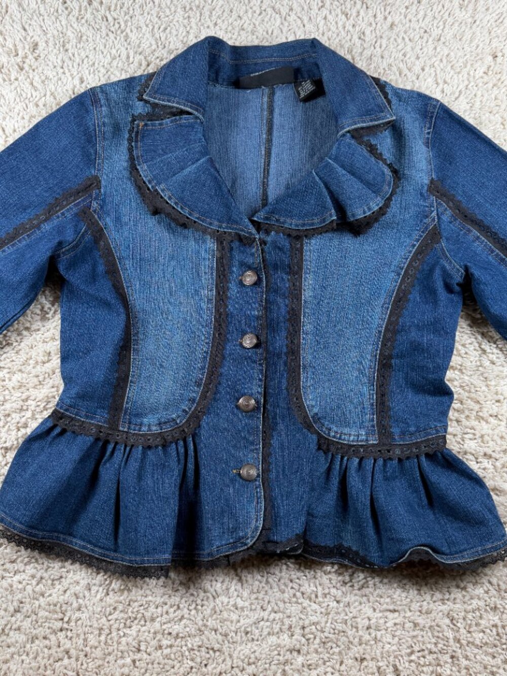 The Pyramid Collection Denim Ruffle Peplum Lace Jacket Women’s M Blue - Picture 2 of 10